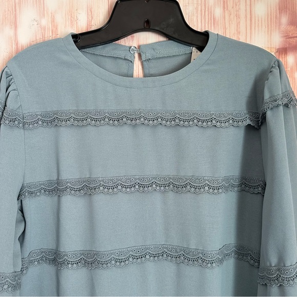 Grace Karin Blue Lace Ruffle Crewneck Blouse Size L - Picture 3 of 12